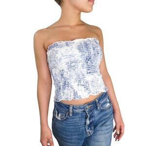 H&M Smocked Tube Top Strapless Top Medium Blue & White Renaissance Romantic